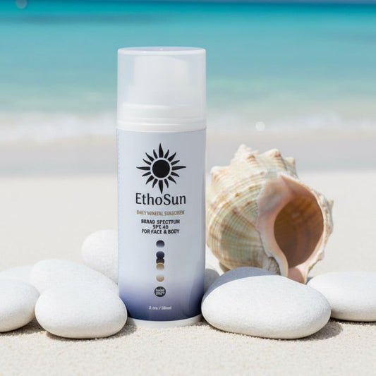EthoSun Daily Mineral SPF 40+ sunscreen bottle for face and body with broad-spectrum protection and hydrating formula