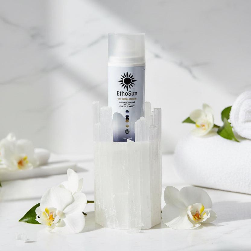 EthoSun Daily Mineral SPF 40+ sunscreen bottle for face and body with broad-spectrum protection and hydrating formula. Reef safe. No Toxic Chemicals