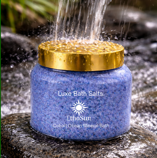 Cobalt Ocean and Sandstone Luxe Mineral Bath Salts 8 oz jars with ocean breeze and warm beach scents