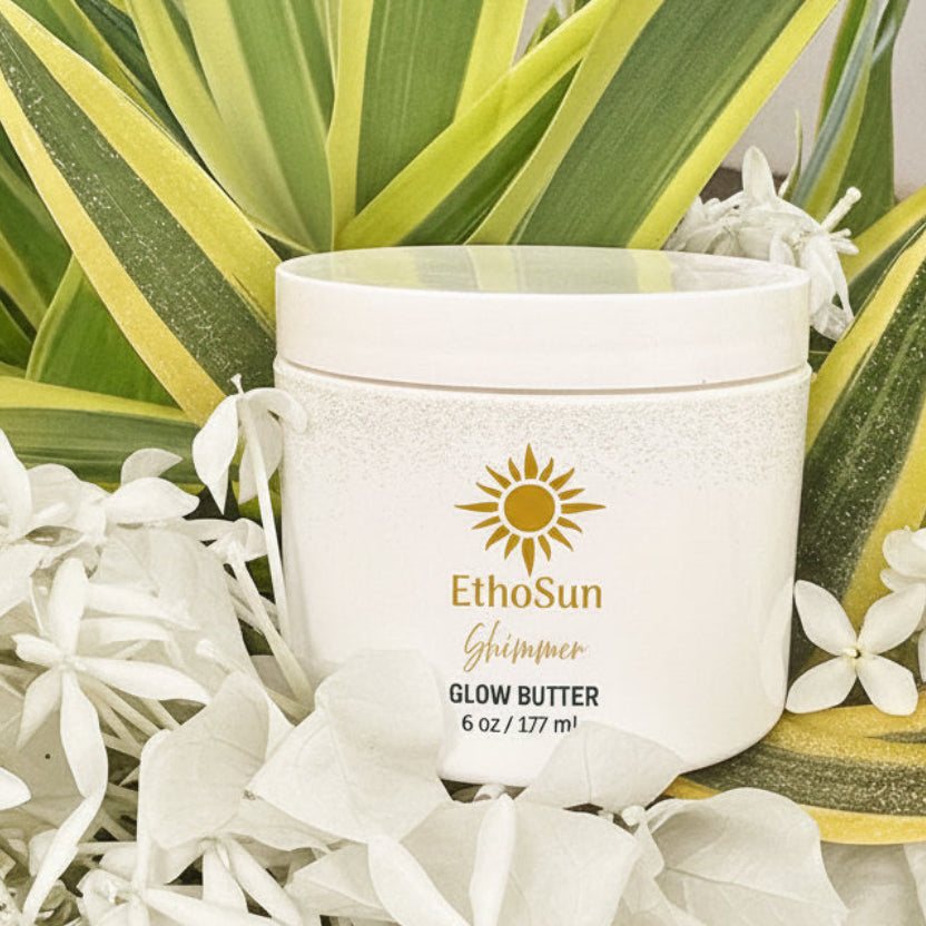 EthoSUn Shimmer Glow Butter 6 oz jar with natural botanical ingredients for firming and moisturizing skin