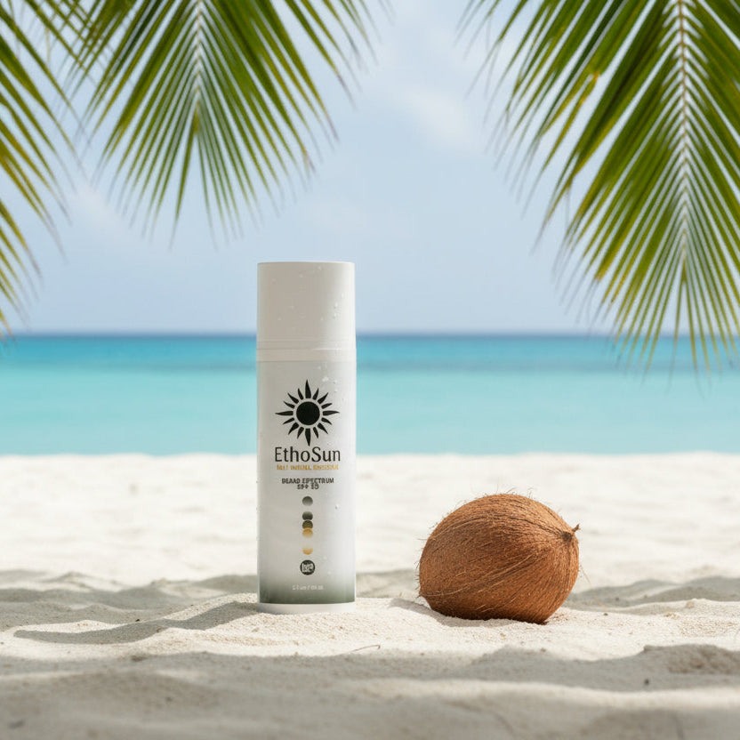 Daily Mineral SPF 50+ sunscreen bottle with EthoSun branding for face sun protection. reef Safe