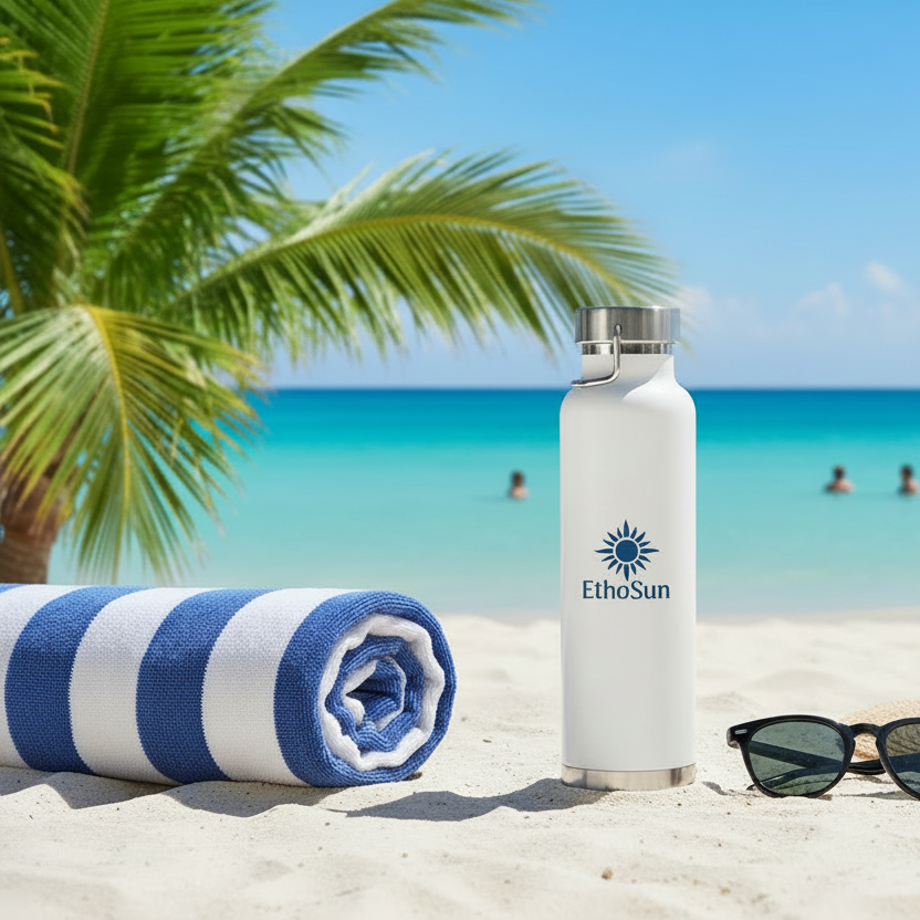 White insulated water bottle designed to keep drinks cold or hot for daily hydration