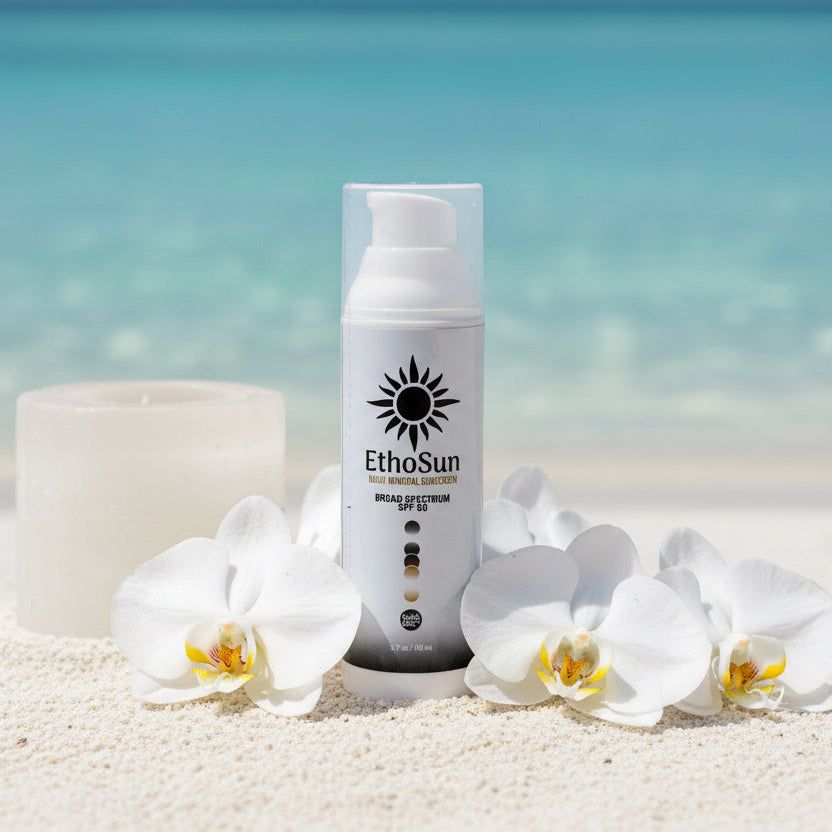 EthoSun Daily Mineral SPF 50+ sunscreen bottle for face with broad-spectrum protection Reef Safe. Nan-Nano Zinc. Zero toxic chemicals 