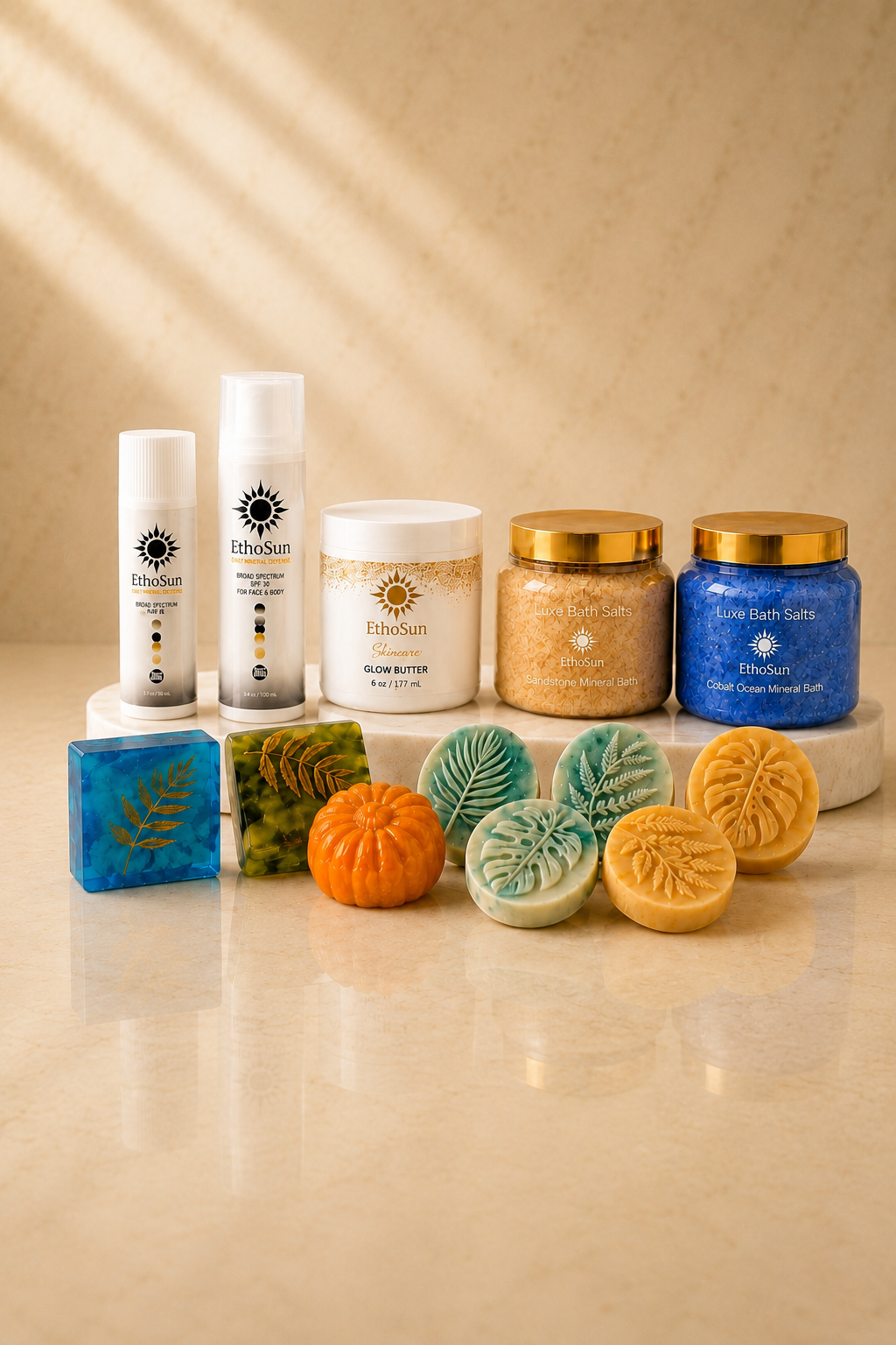 Collection of skincare products and soaps on a beige background