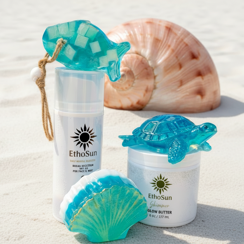 EthoSun Zinc and Glycerin ocean-themed beauty bars with sea life designs for gentle, reef-safe skincare