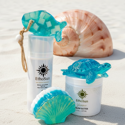 EthoSun Zinc and Glycerin ocean-themed beauty bars with sea life designs for gentle, reef-safe skincare