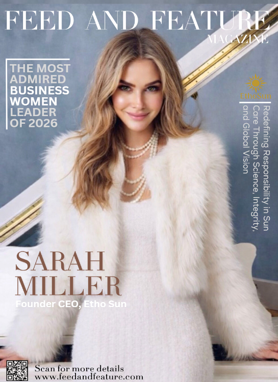 Magazine cover featuring Sarah Miller, Founder CEO of Etho Sun, with a white fur coat and pearls.